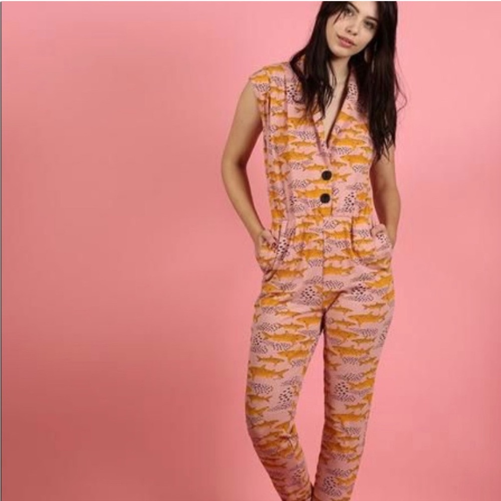 Nooworks Pink and Mustard Printed Cap-Sleeve Jumpsuit